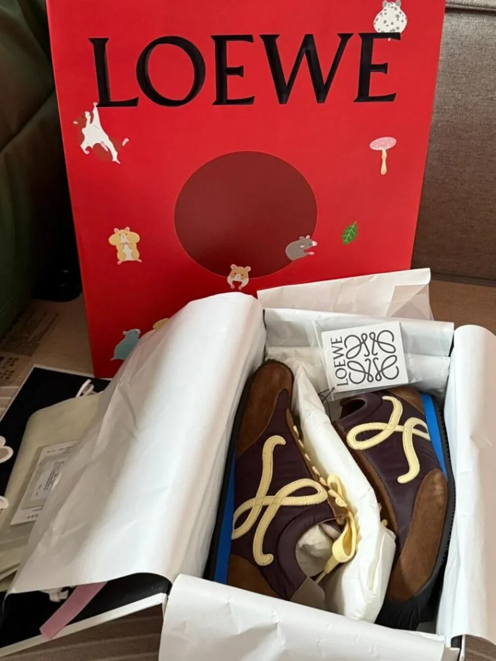 Loewe Flow Runner Brown Suede Sneakers with Blue Sole - NEW